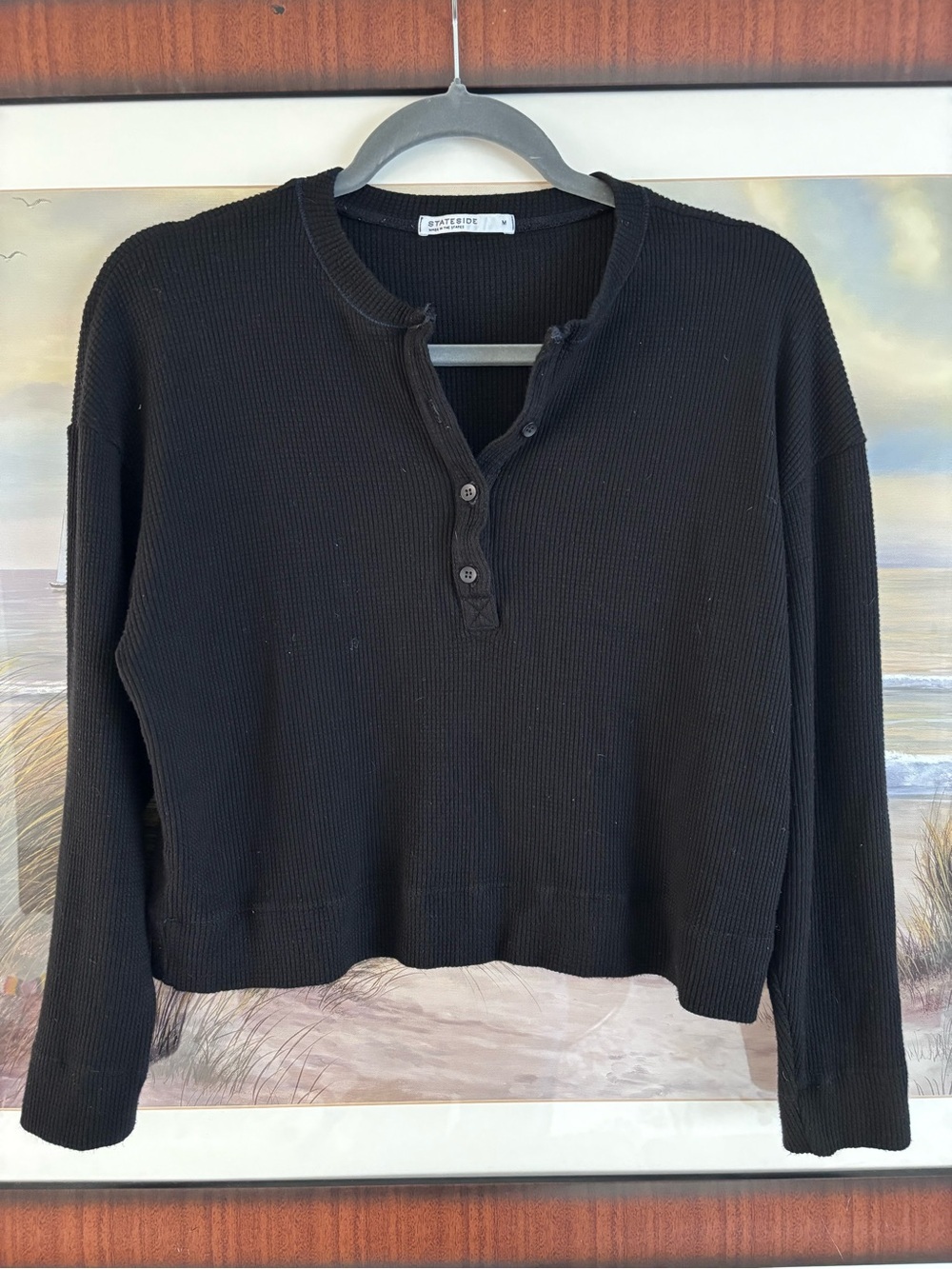 Stateside Luxe Thermal Cropped Henley Top - Black Size M